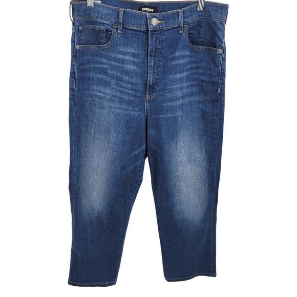 Express Straight Super High Rise Jeans 14R Medium Wash Stretch Whiskered Faded - Picture 1 of 13